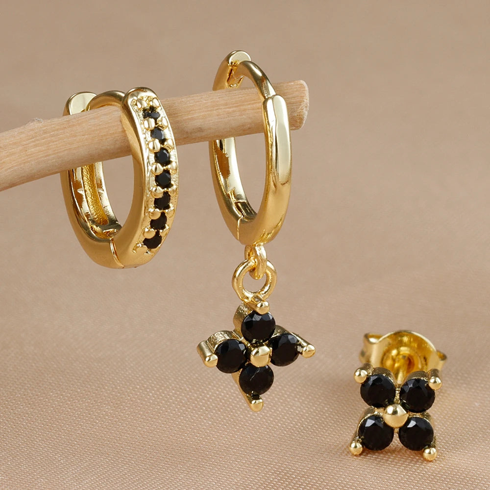 3PCS Gold Colour Crystal Zirconia Drop Earrings Flower Dangle Set