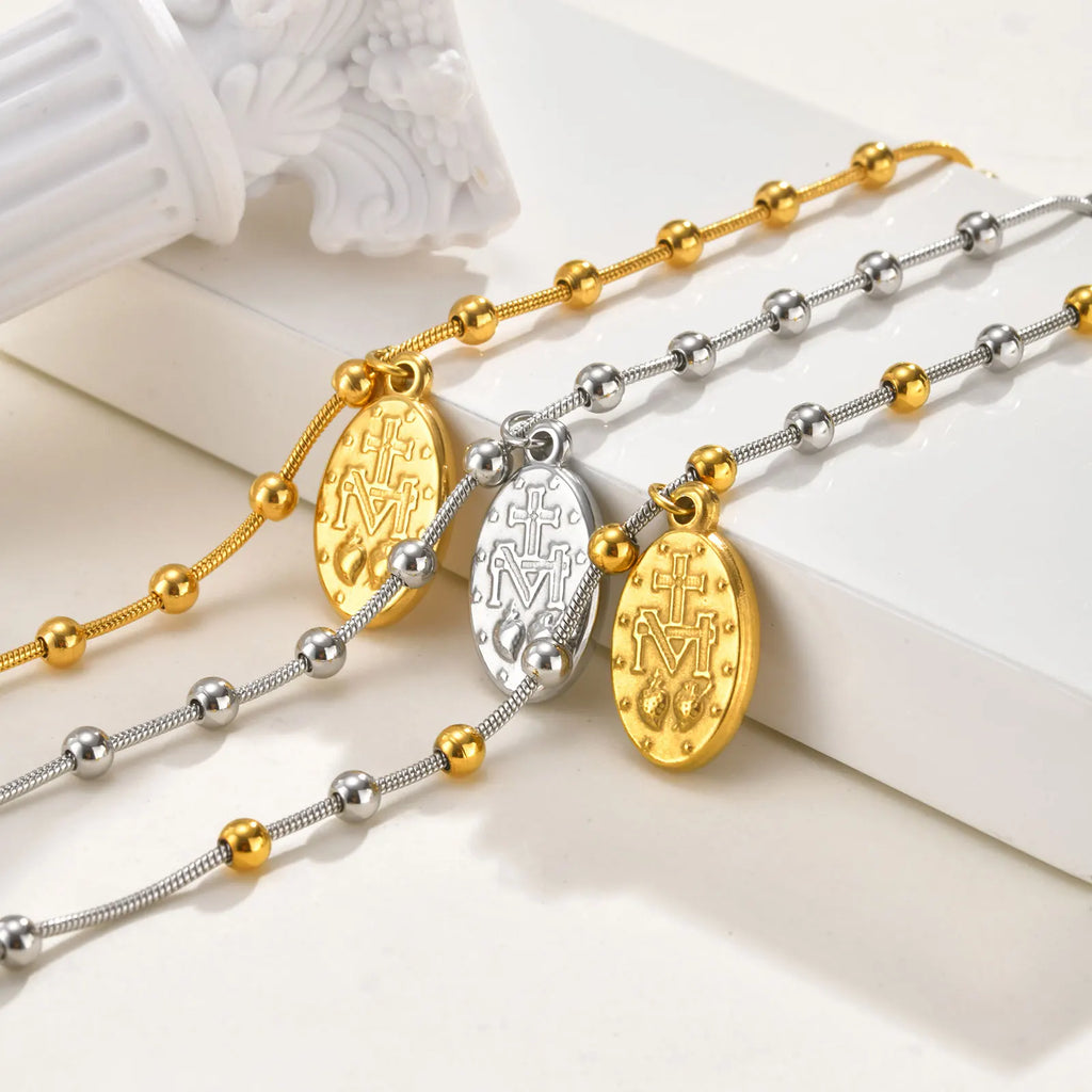 Two Tone Stainless Steel Virgin Mary Bracelet for Women, Rosary Beaded Cross Bracelets, Non Tarnish Religious Jewelry
