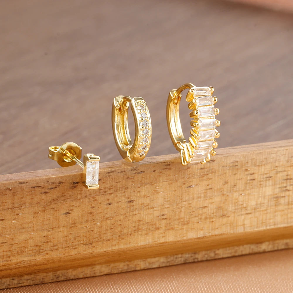 3PCS Trendy Round Circle Hoop Earrings Square Stud Cartilage Piercing