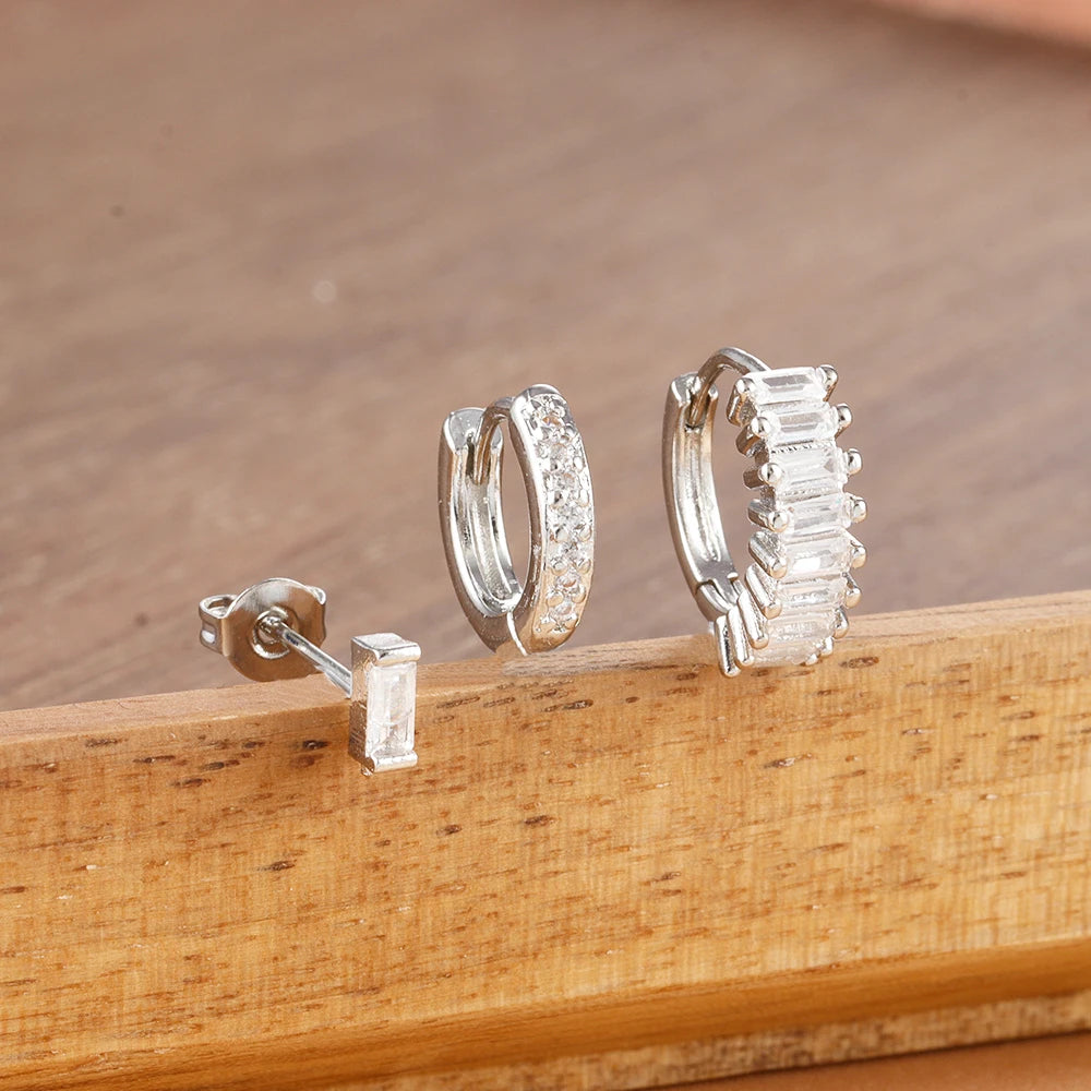 3PCS Trendy Round Circle Hoop Earrings Square Stud Cartilage Piercing