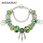Tibetan Silver Tree of Life Charm Bracelet Green Crystal Flower Bead DIY