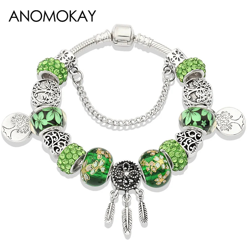 Tibetan Silver Tree of Life Charm Bracelet Green Crystal Flower Bead DIY