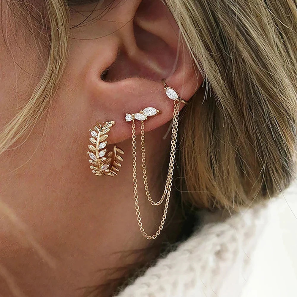 1PC Stainless Steel Chain Tassel Zircon Drop Earrings 14K Gold Plated