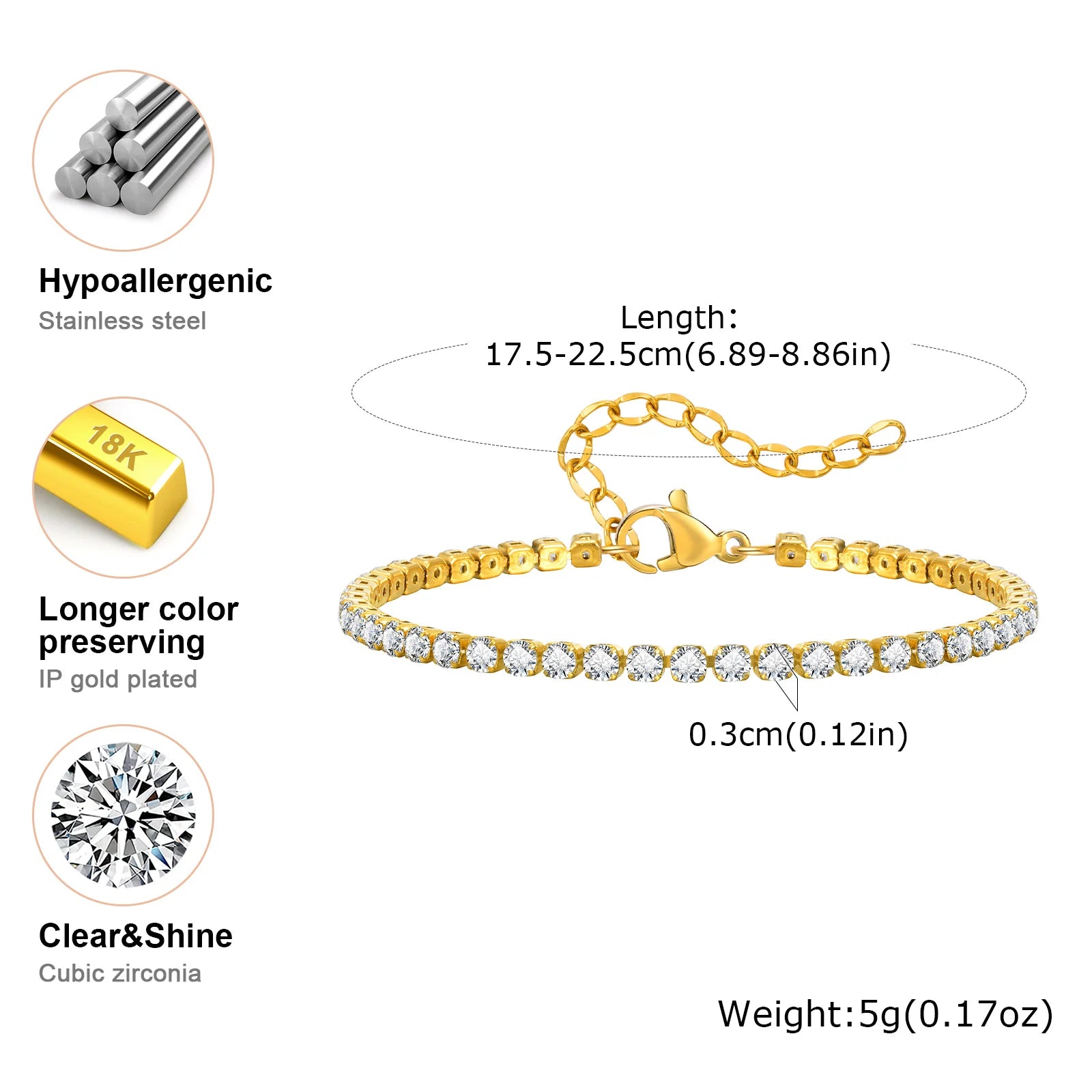 Zirconia Heart Bracelet for Women, Beaded Strand Link Bangle Gold Plated, Stainless Steel Adjustable Bracelets