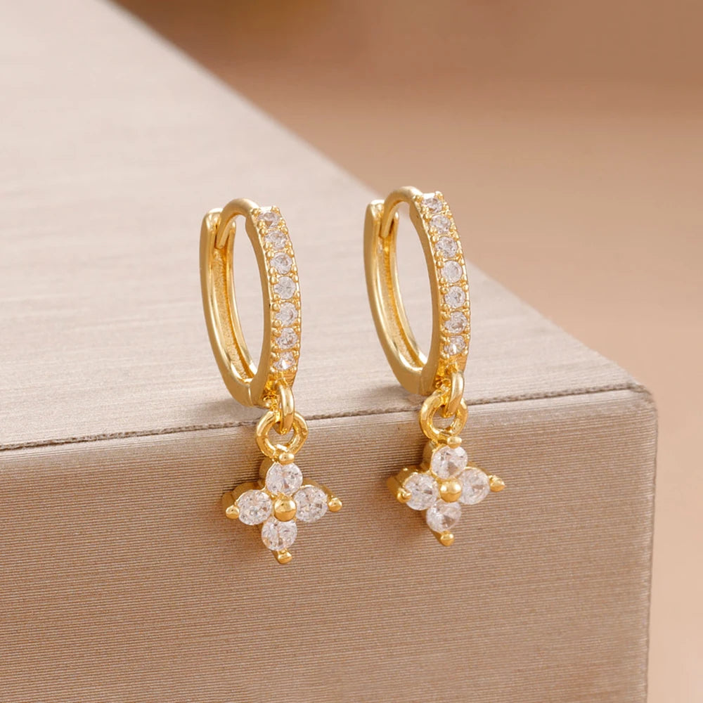 Luxury Stainless Steel Small Dangle Earrings Zirconia Flower Pendant