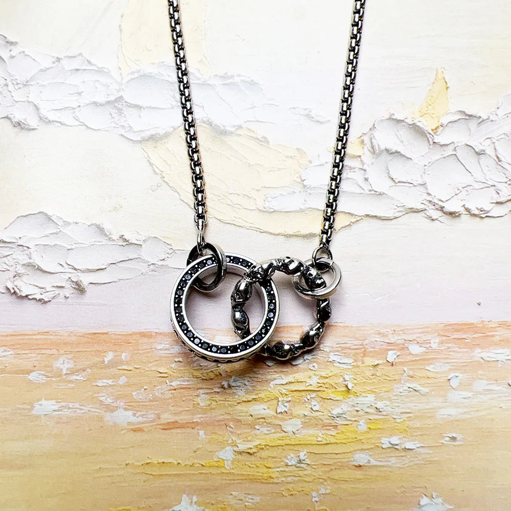 Skull Circle Black Stone Necklace 925 Sterling Silver Vintage Jewellery