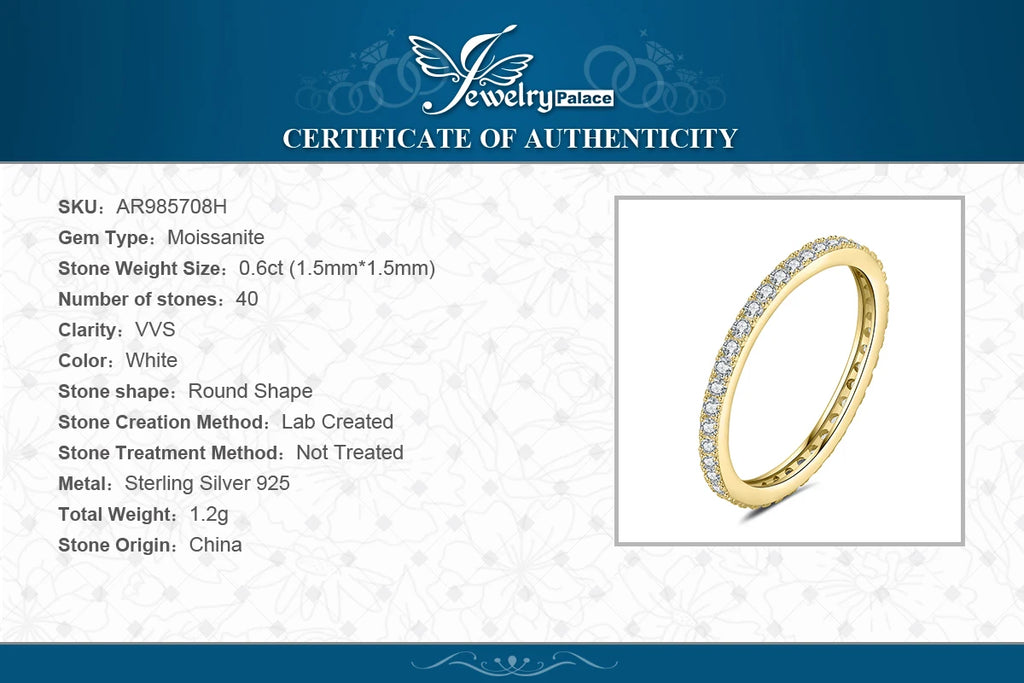 JewelryPalace Moissanite D Color Eternity Total 0.6ct 925 Sterling Silver Wedding Band Ring for Women Yellow Rose Gold Plated