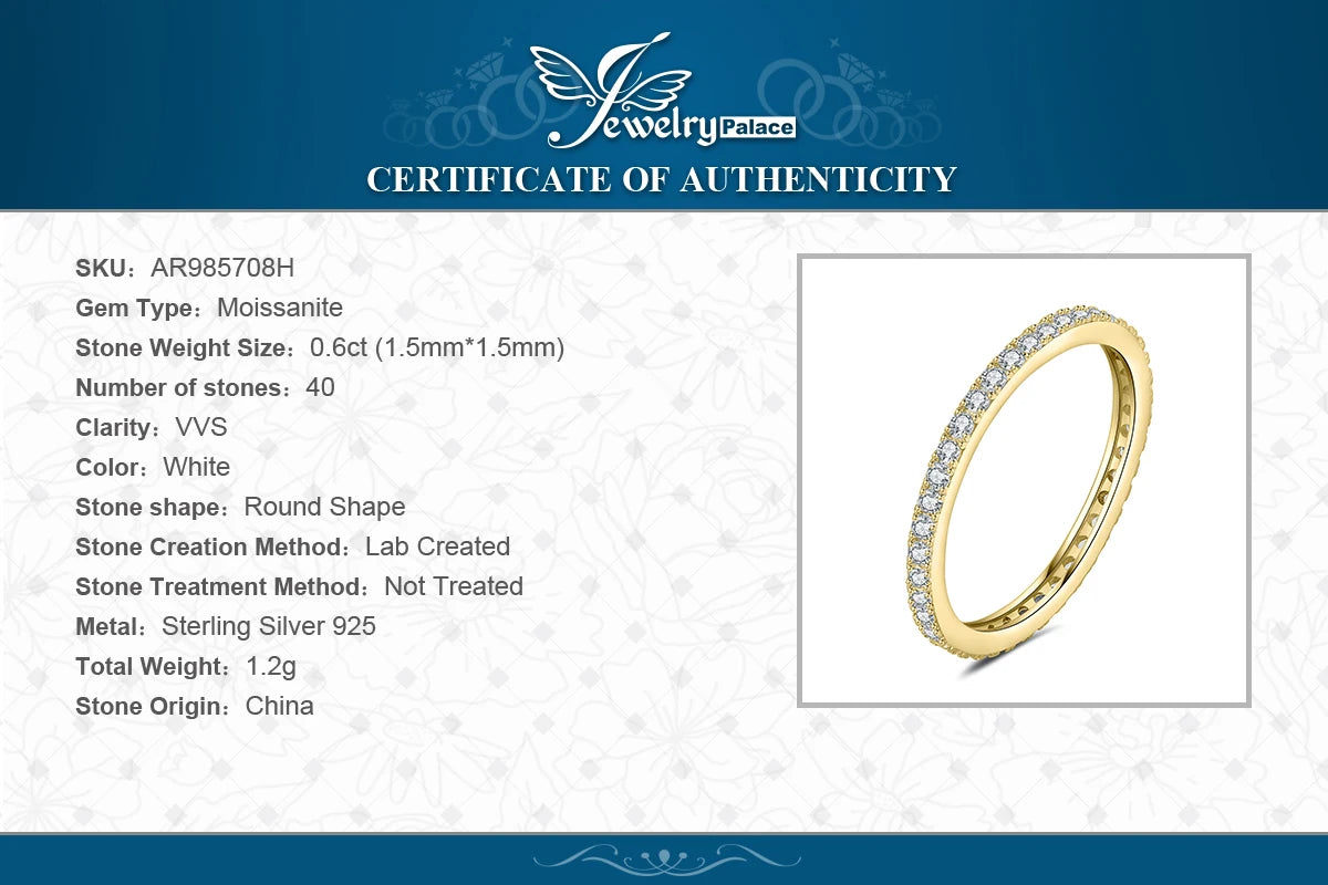 JewelryPalace Moissanite D Color Eternity Total 0.6ct 925 Sterling Silver Wedding Band Ring for Women Yellow Rose Gold Plated
