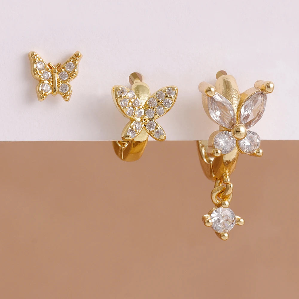 3PCS Elegant Butterfly CZ Charms Hoop Earrings Stainless Steel