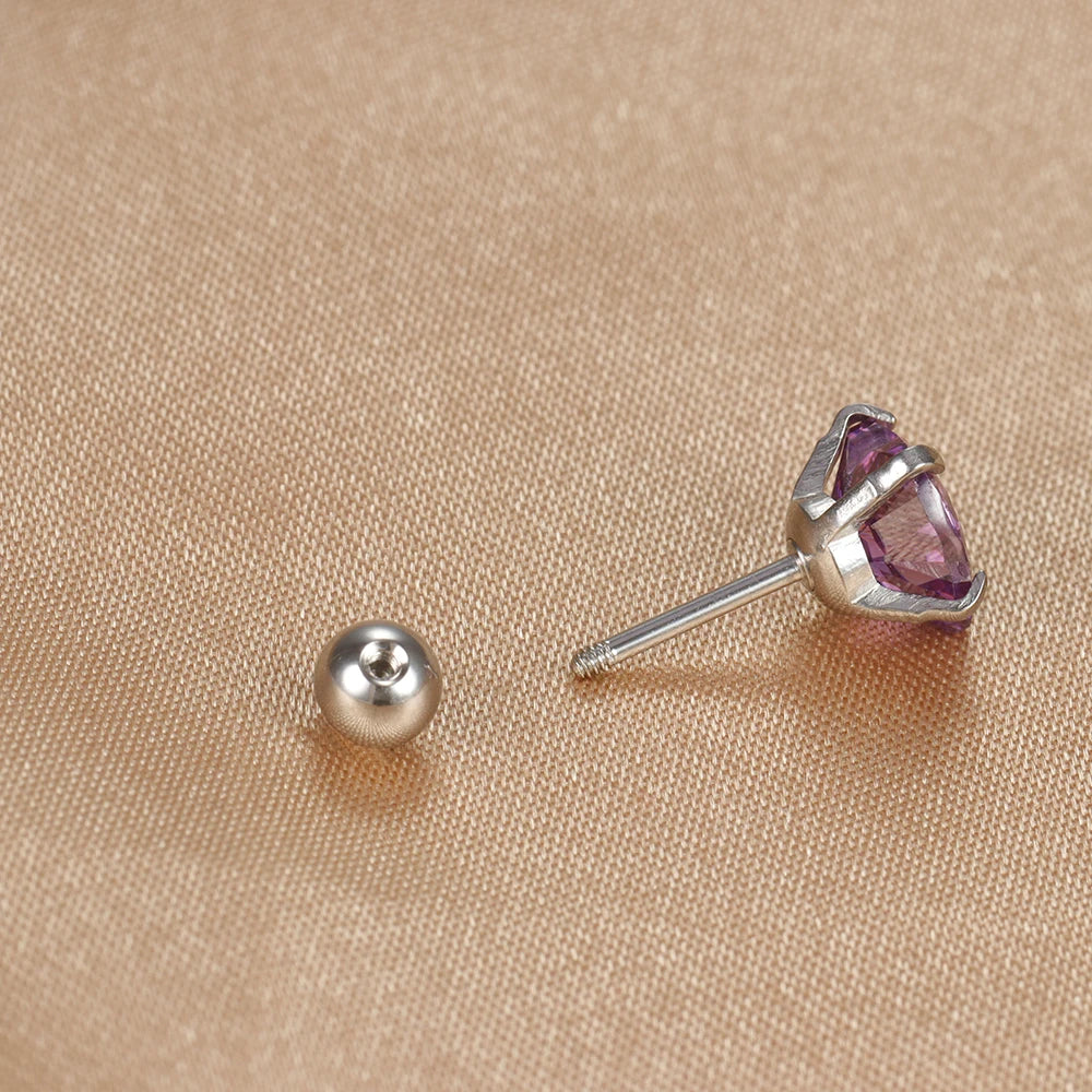 1PC Heart Stainless Steel Ear Studs Purple Crystal Stud 3-8mm