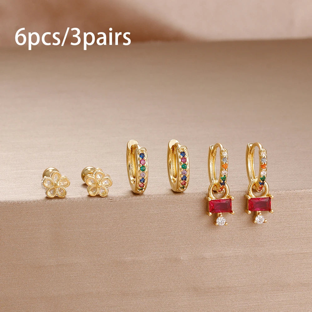 6PCS Exquisite Zircon Geometric Circle Earrings Set Gold Colour Steel