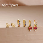 6PCS Exquisite Zircon Geometric Circle Earrings Set Gold Colour Steel