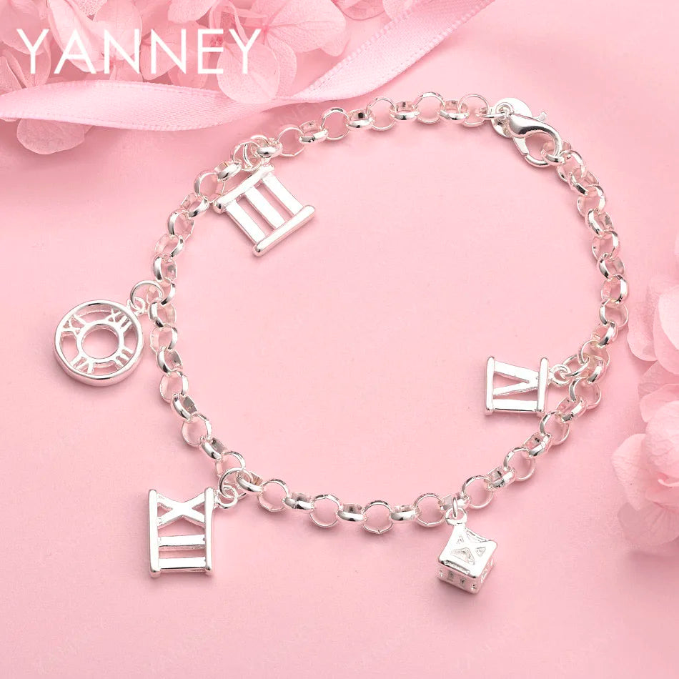 925 Sterling Silver 8-inch Roman Numerals Pendant Bracelet Women Jewellery
