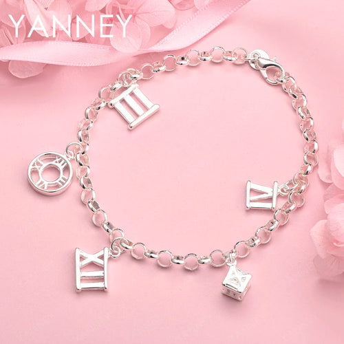 925 Sterling Silver 8-inch Roman Numerals Pendant Bracelet Women Jewellery