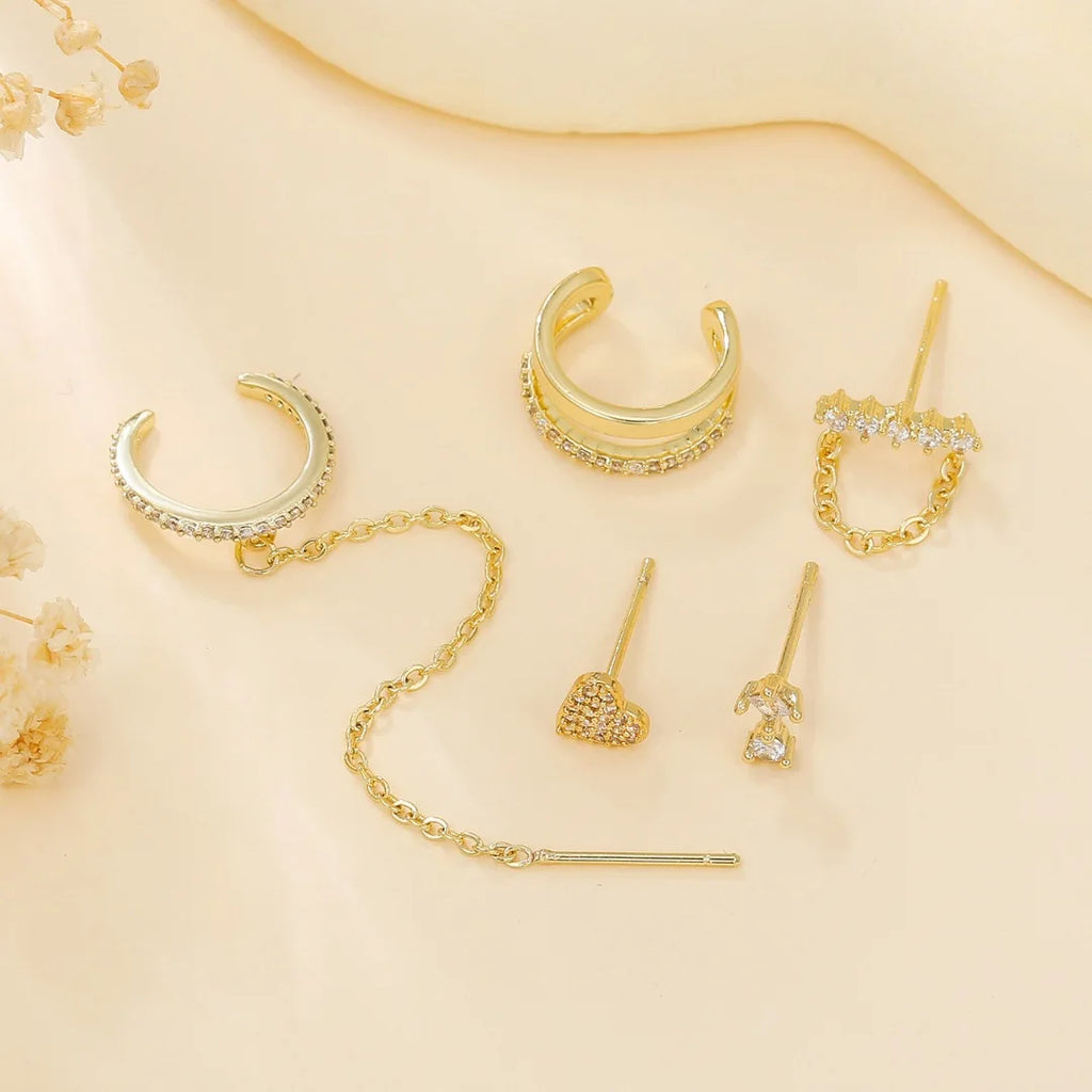 Trendy Gold Colour Long Tassel Chain Hanging Earrings Heart Clips