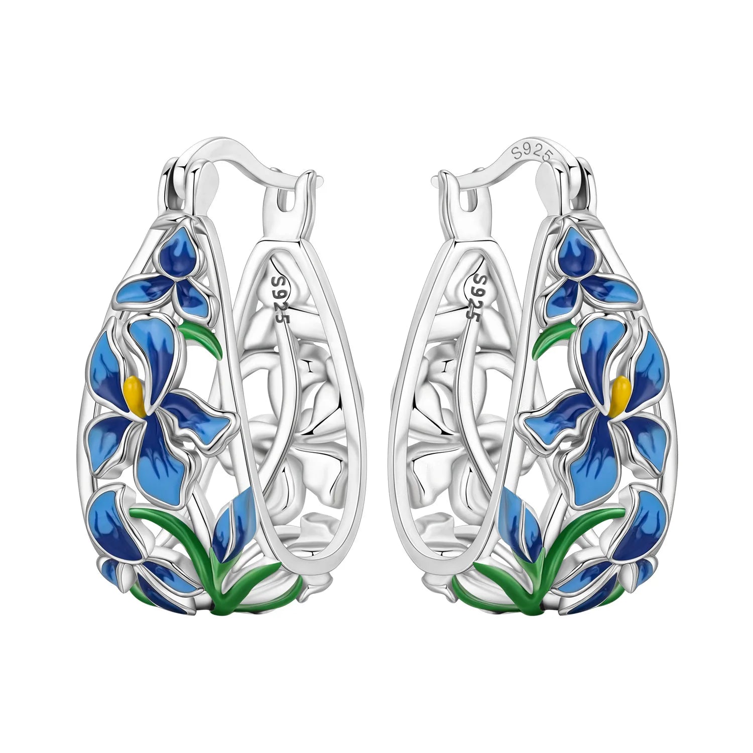 925 Sterling Silver Blue Iris Flower Hoop Earrings Anniversary Jewellery Gift