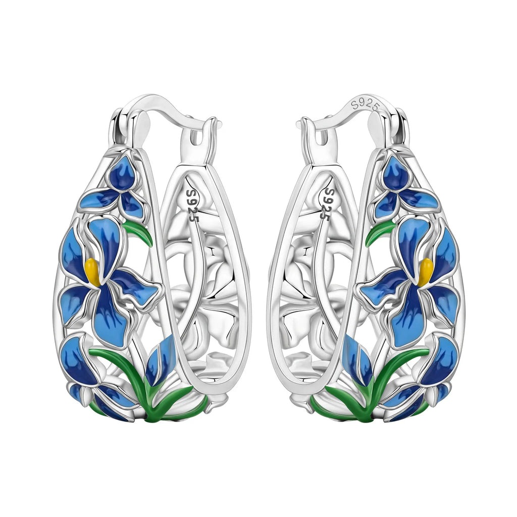 925 Sterling Silver Iris Flower Versatile Hoop Earrings Original Party Gift