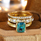 3pcs Aqua Blue Stone Square Triple Ring Set Antique Gold Color White Crystal Stacking Wedding Engagement Rings For Women Jewelry
