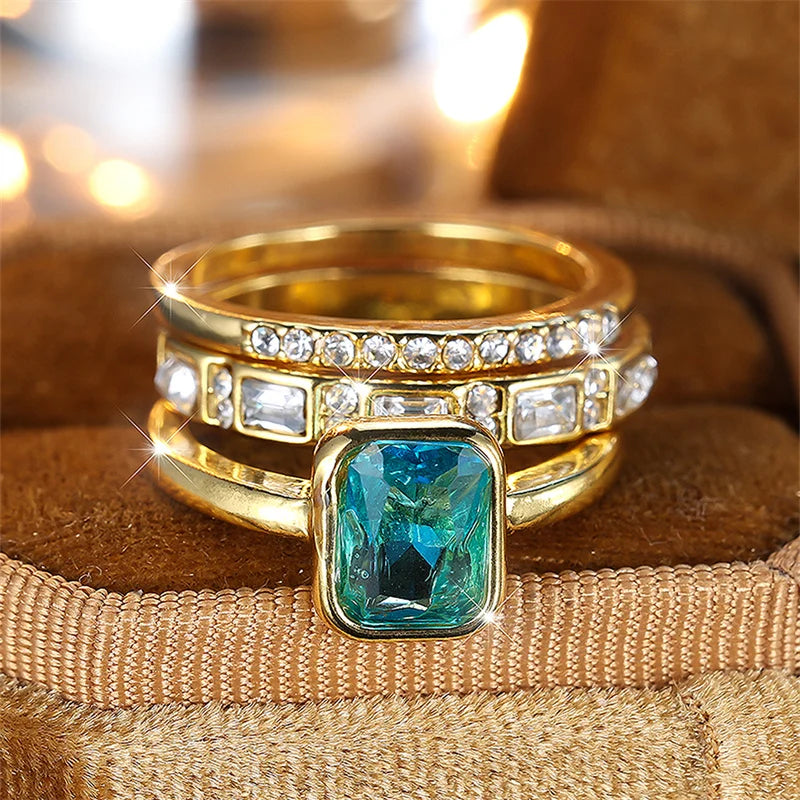 3pcs Aqua Blue Stone Square Triple Ring Set Antique Gold Color White Crystal Stacking Wedding Engagement Rings For Women Jewelry