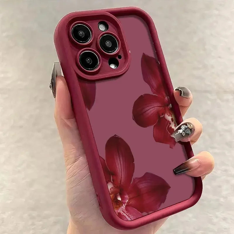 Wine Red Orchid Flower Case for iPhone 17 16 15 14 13 12 11 Pro Max Plus