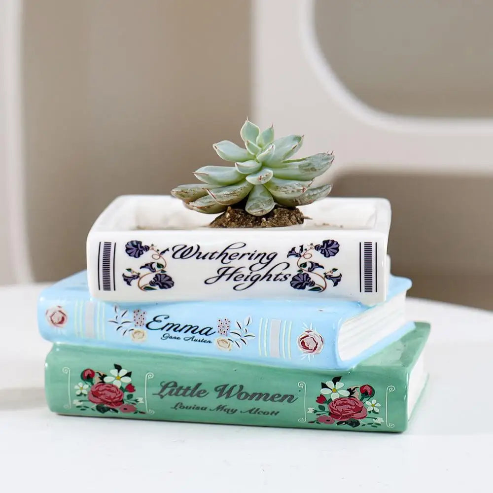 Small Ceramic Book-Shaped Planter with Hole Bookshelf Home Desk Decoration Accessories