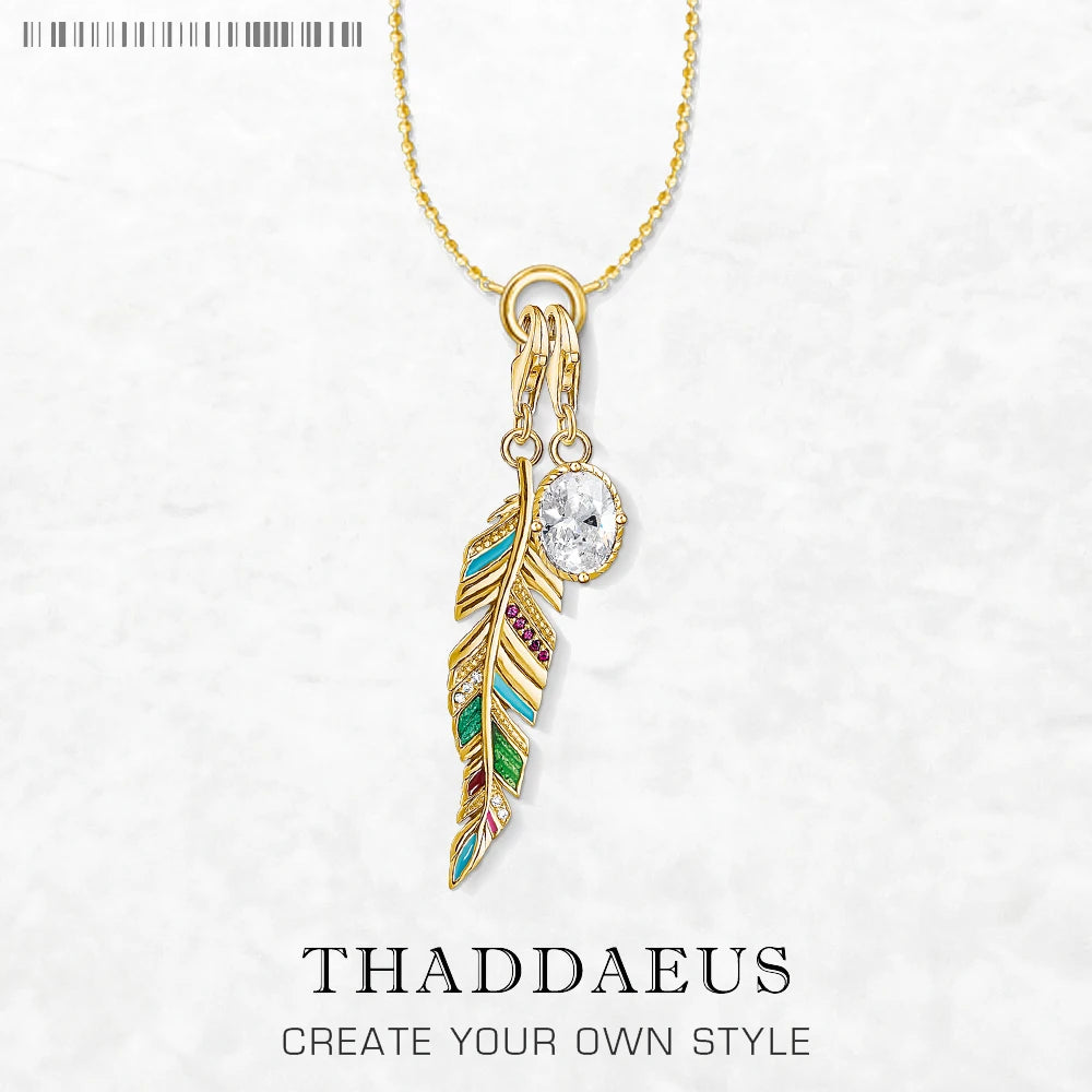 Golden Feather & Oval CZ Necklace 925 Sterling Silver Fashion Jewellery Gift
