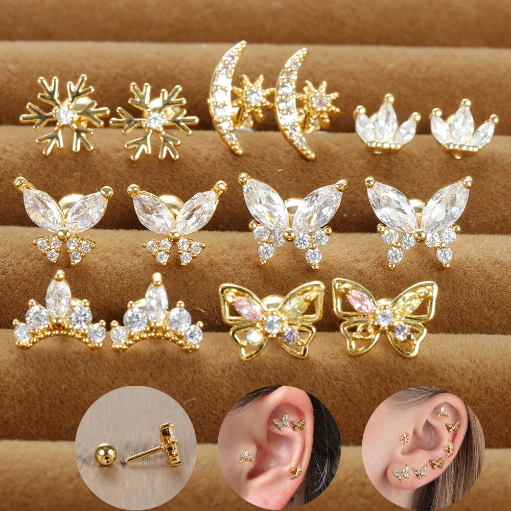 Vintage Gold Plated Stainless Steel Butterfly Studs Snowflake Zircon
