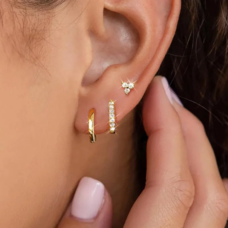 3PCS Stainless Steel CZ Zircon Huggie Hoop Earrings Flower Studs