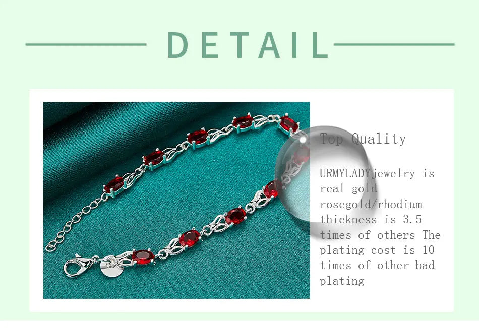 Red Crystal Chain Bracelet 925 Sterling Silver Women Fashion Wedding Gift