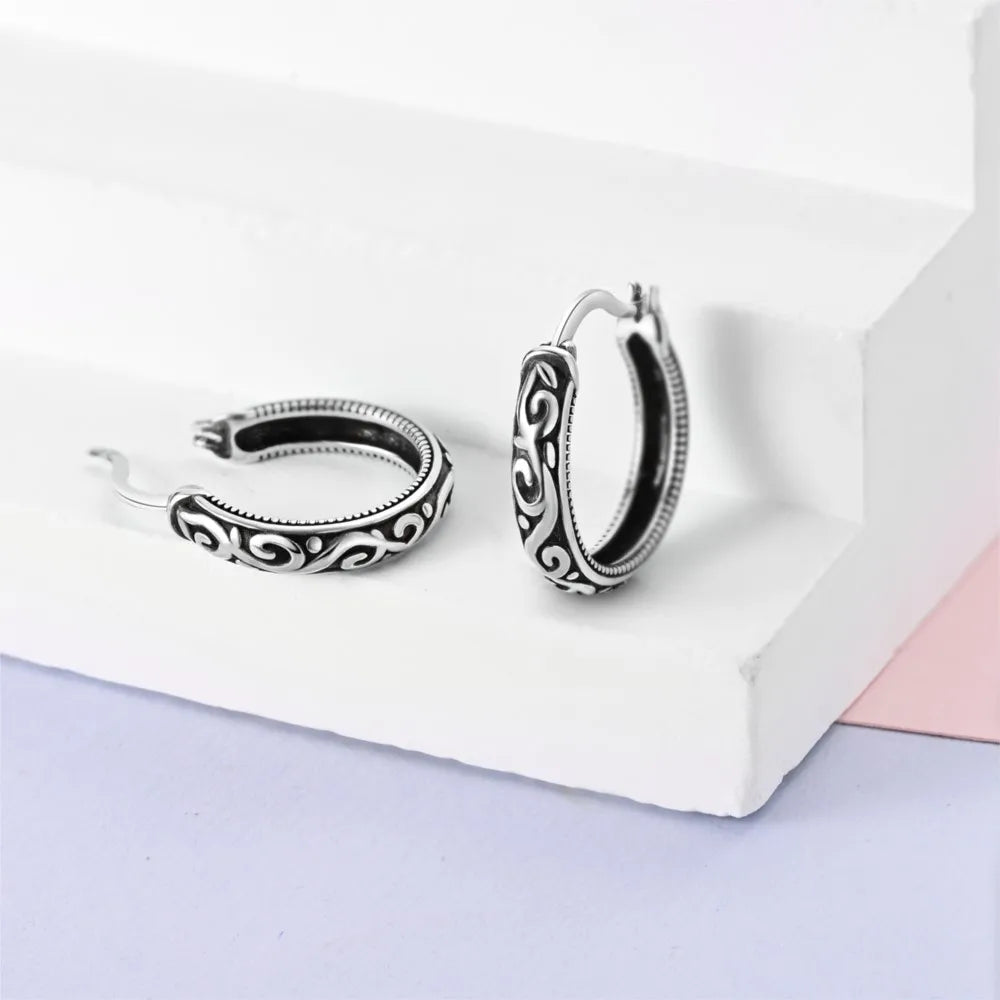 925 Sterling Silver Retro Grass Pattern Versatile Hoop Earrings Birthday Gift