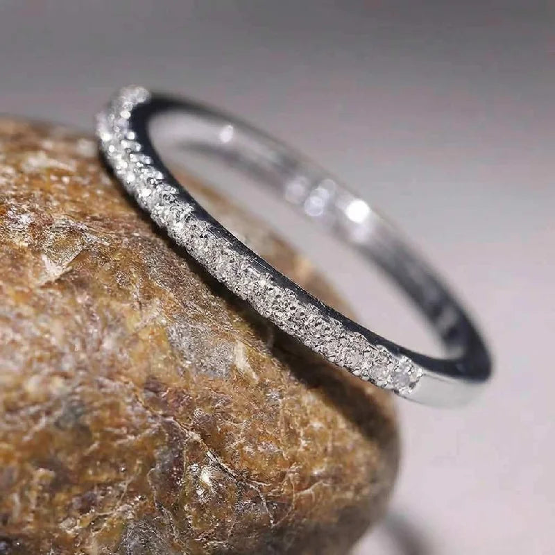 925 Sterling Silver 2mm Fashion Simplicity Half Full Zircon Stackable Plain Ring Daily Fine Jewellery
