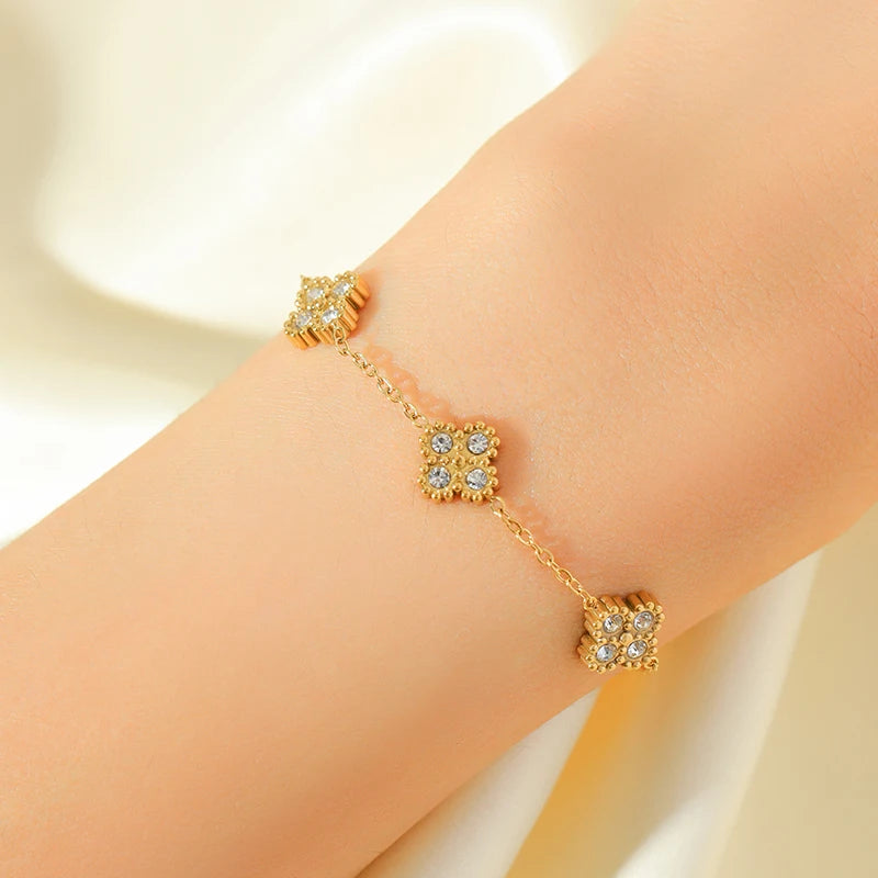 Flower Clover Zircon Stainless Steel Bracelet 2025 Trendy Wrist Chain
