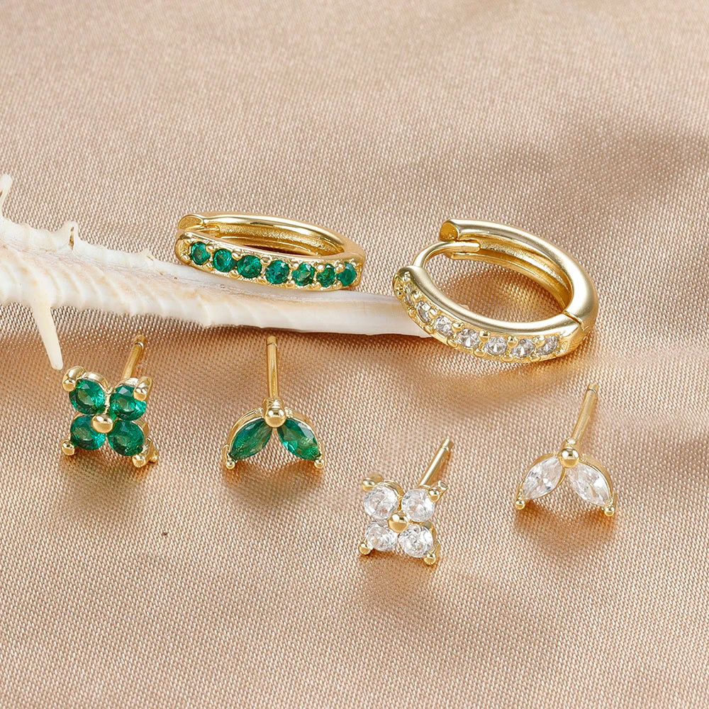 3PCS Stainless Steel Minimalist Huggie Hoop Earrings Green Zircon