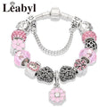 Romantic Pink Heart Charm Bracelet Fine Crystal DIY Bead Bangle Gift