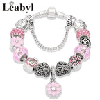 Romantic Pink Heart Charm Bracelet Fine Crystal DIY Bead Bangle Gift