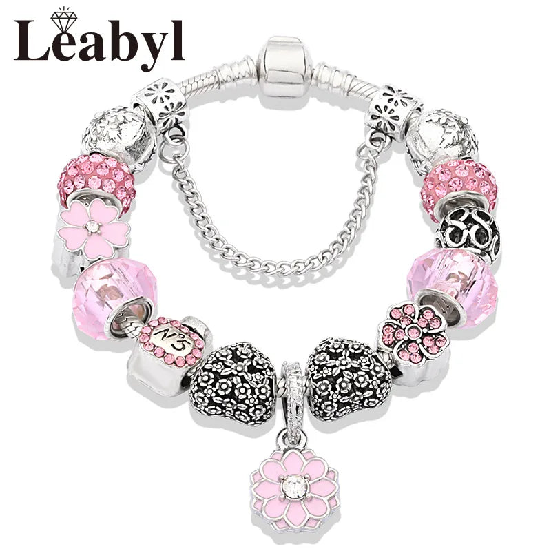 Romantic Pink Heart Charm Bracelet Fine Crystal DIY Bead Bangle Gift