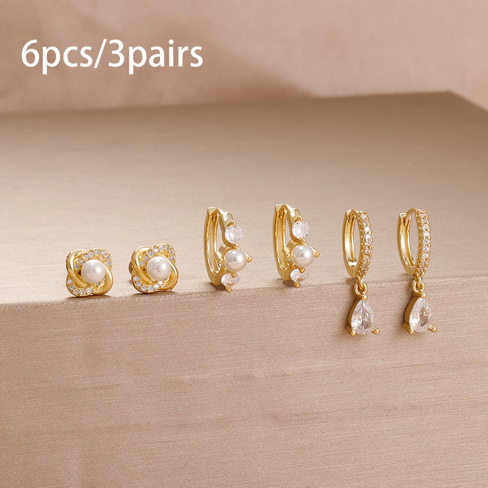 6PCS Exquisite Zircon Geometric Circle Earrings Set Gold Colour Steel