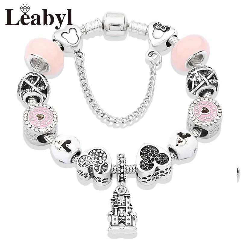 Pink Crystal Bead Charm Bracelet Colourful Enamel Handmade DIY Jewellery