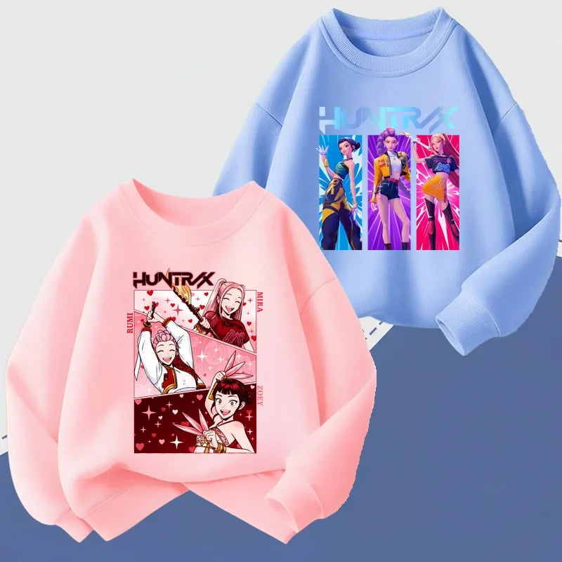 K-pop Girls Long Sleeve Pullover Cartoon Print Casual O-Neck Hoodie