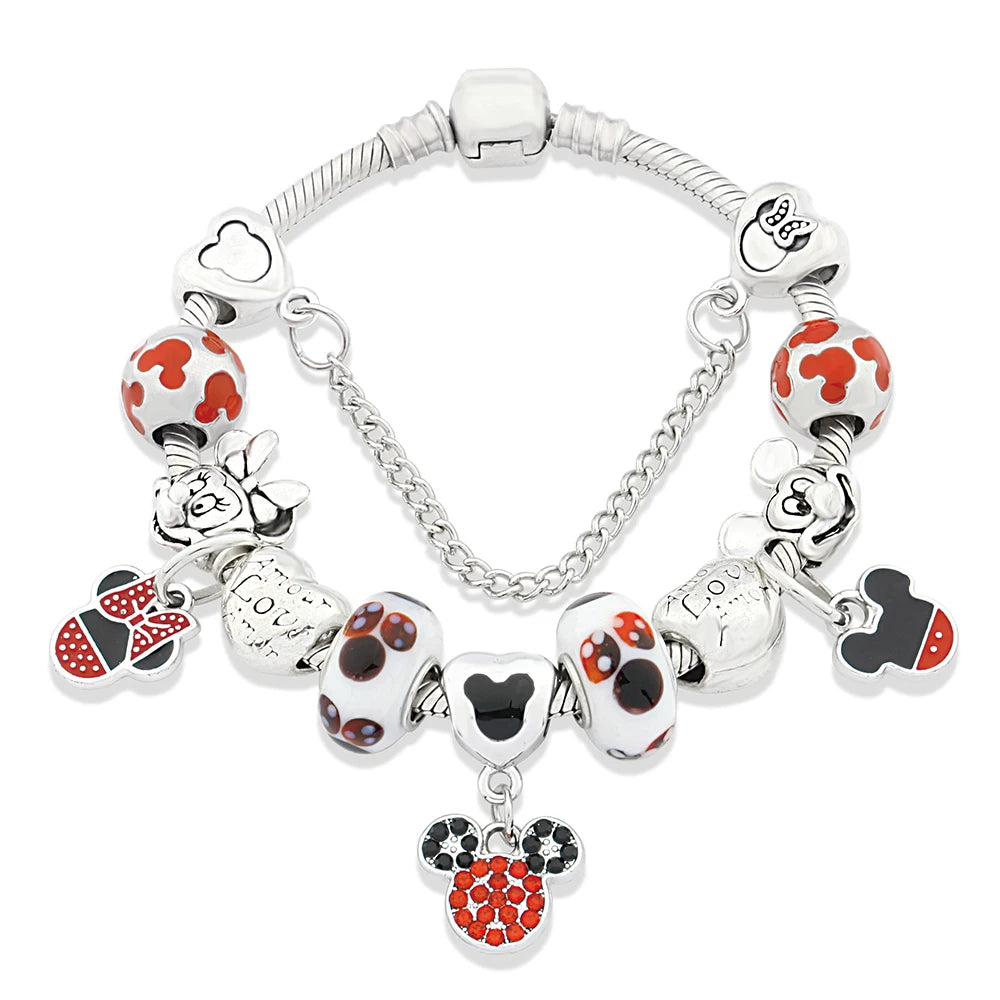 Red Pink Black Crystal Animal Charm Bracelet Heart Mickey Minnie Gift
