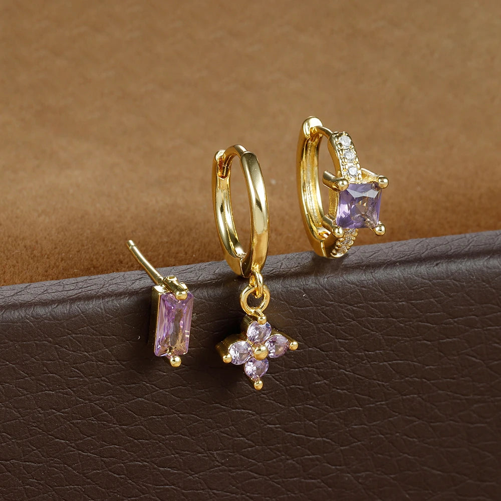 3PCS Stainless Steel Flower Crystal Zirconia Hoop Earrings Square