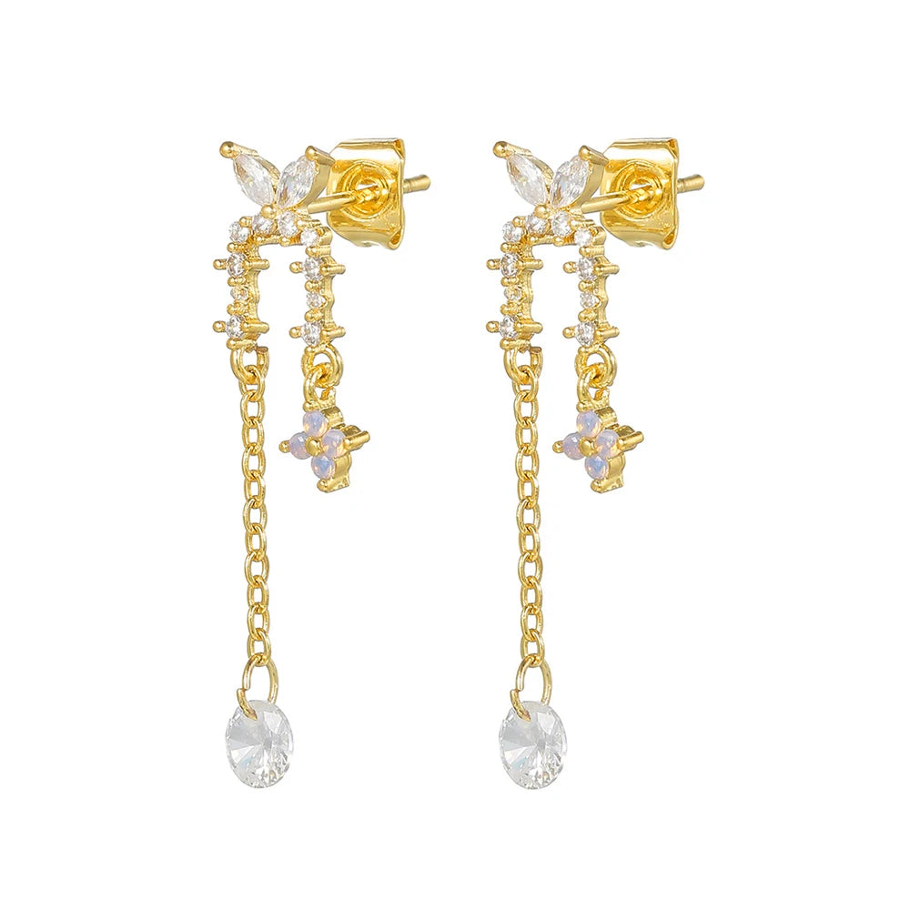 Stainless Steel Star Chain Tassel Drop Earrings 18K Gold Zircon