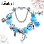 Classic Dolphin Charm Bracelet Blue Murano Crystal Glass DIY Bead Bangle