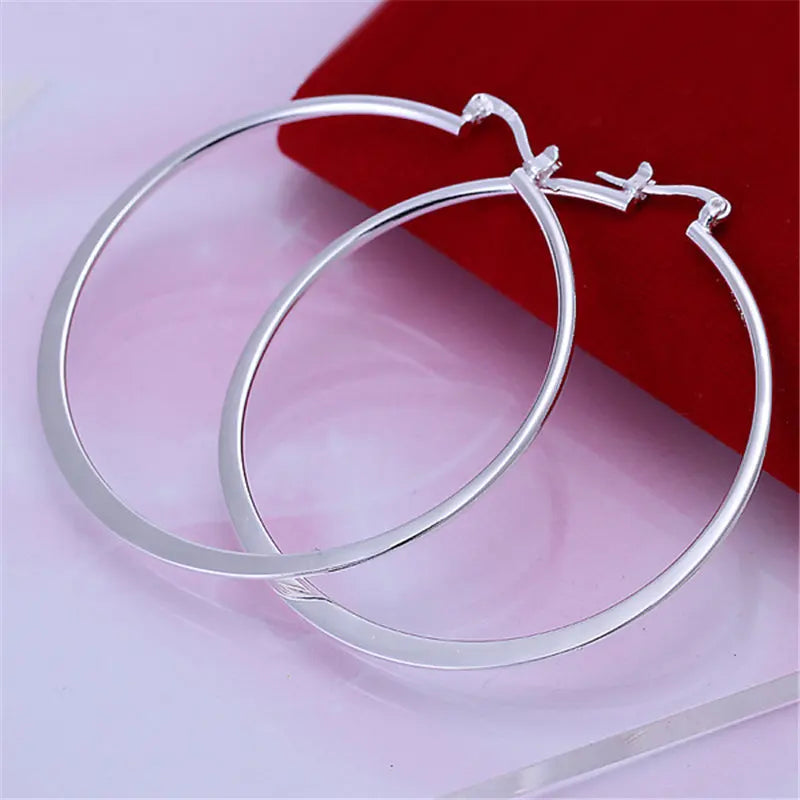 925 Sterling Silver 55mm Flat Circle Hoop Earrings Women Fashion Party Gift