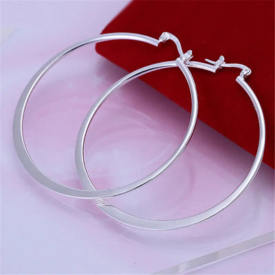 925 Sterling Silver 55mm Flat Circle Hoop Earrings Women Fashion Party Gift
