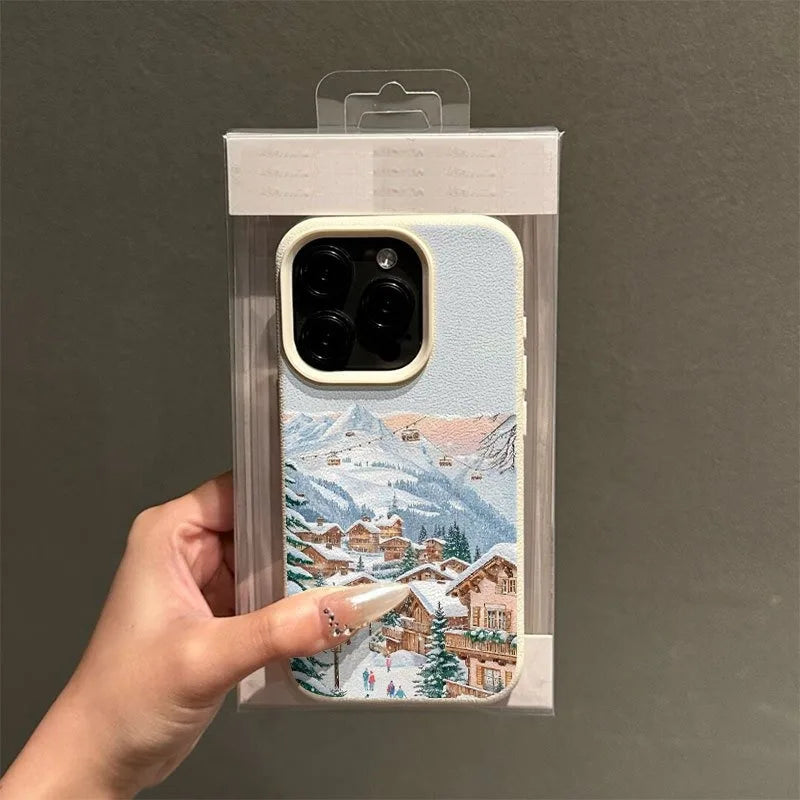 Skiing Town Winter Lychee Case for iPhone 17 16 15 14 13 Pro Max