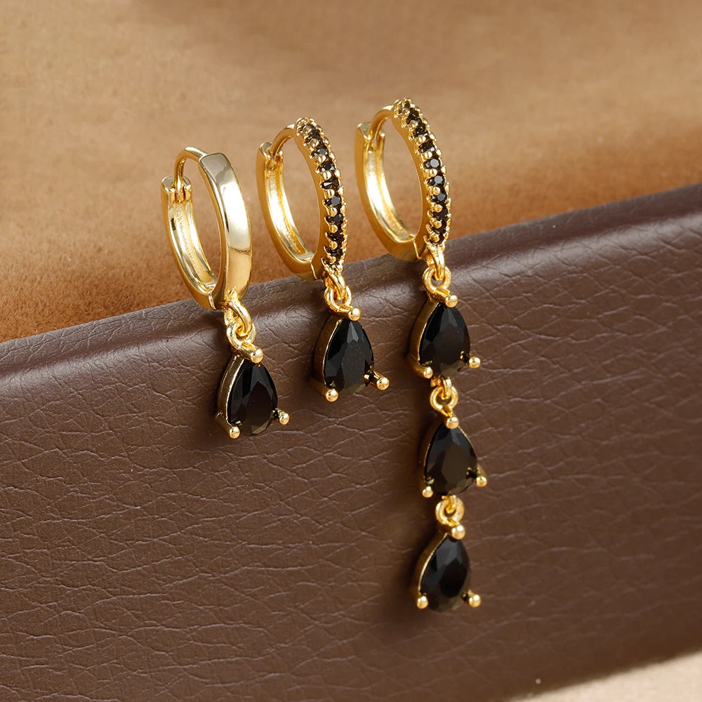 3PCS Stainless Steel Water Drop Hoop Earrings 18K Gold Plated Zirconia