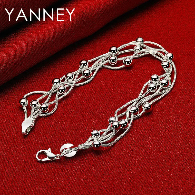 925 Sterling Silver 8-inch Beaded Bracelet Women Party Wedding Jewellery Gift