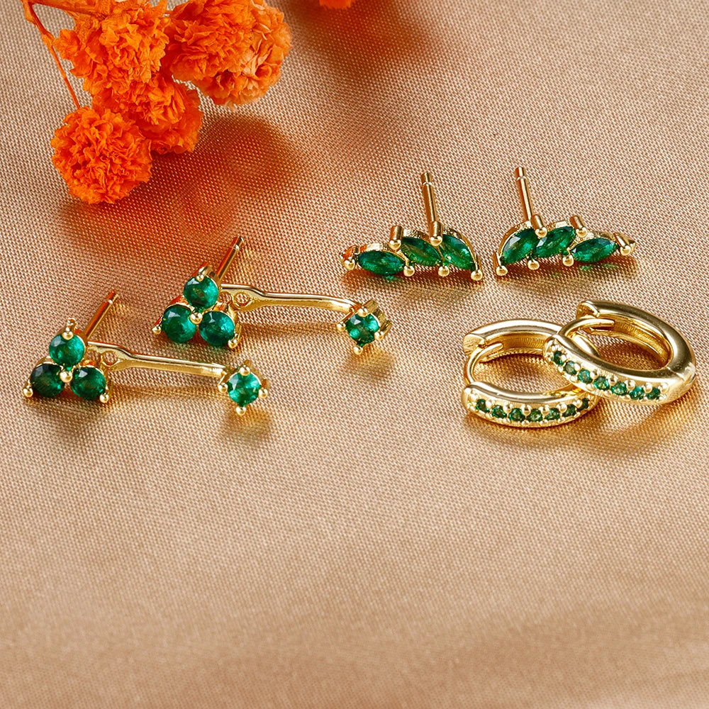 6PCS Exquisite Green Zircon Hoop Earrings Set Gold Plated Piercing