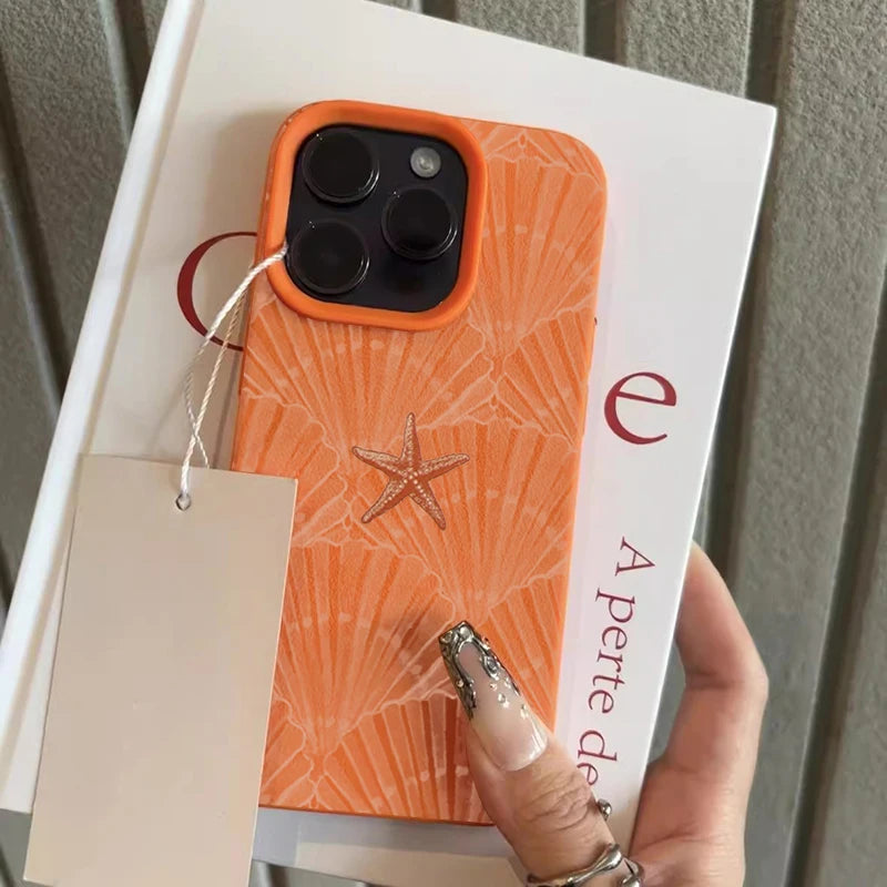 Summer Shell Starfish Lychee Case for iPhone 17 16 15 14 Pro Max